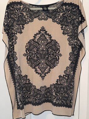 Metaphor  Beige Black Ornate Print Poncho Blouse Large Petite Flowy Top
